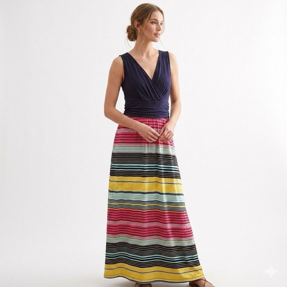 Talbots‎ Women’s Maxi Dress Large Color Block Rainbow Stripes Pink Blue